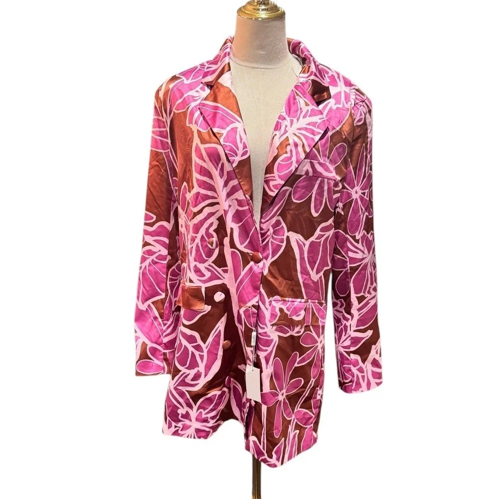LIQUORISH Floral Print Blazer Jacket Wide Leg Pants Set Brown Pink‎ Size US 8